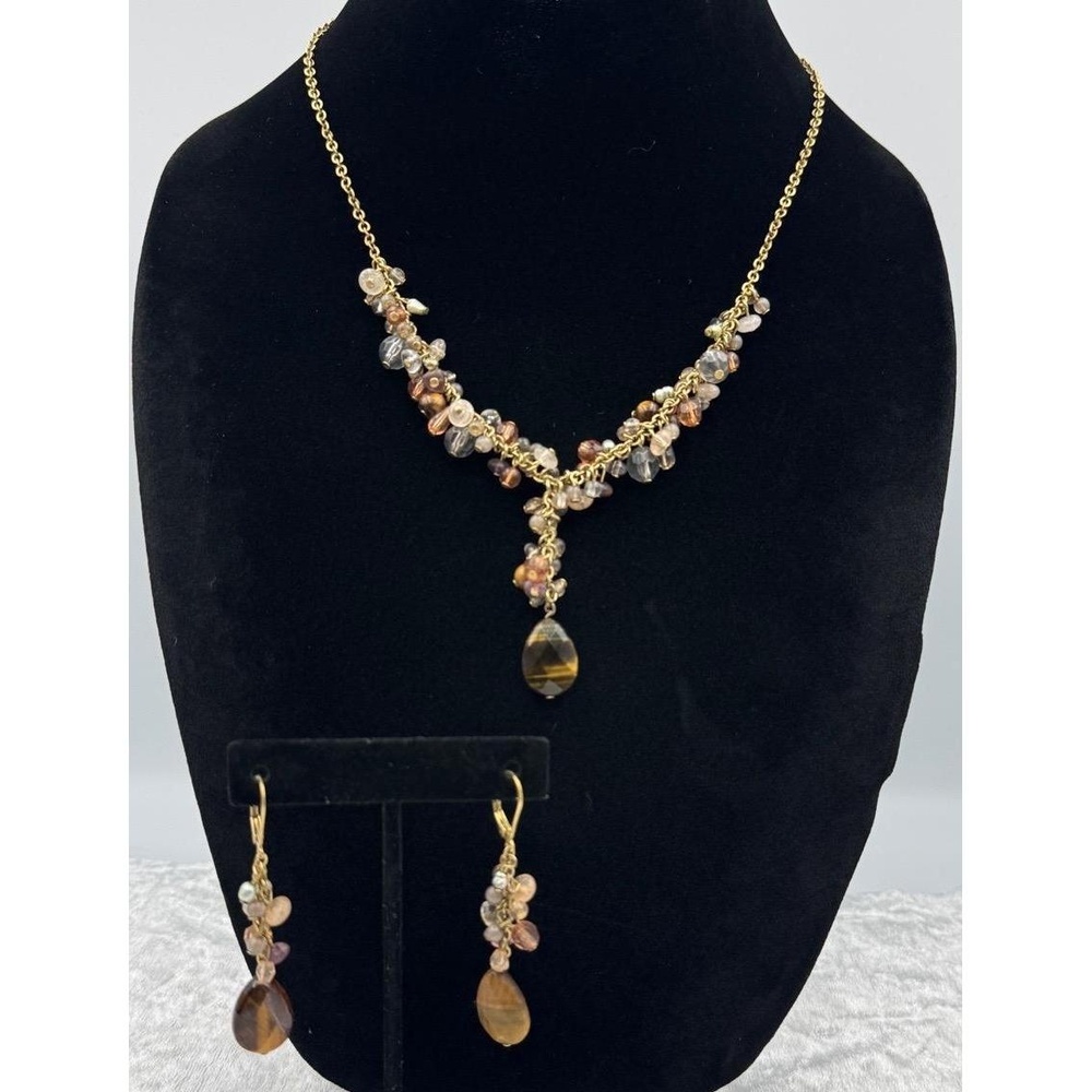 Avon Gold Tone Vintage Beaded Tigers Eye Necklace Dangle Drop Earrings Set